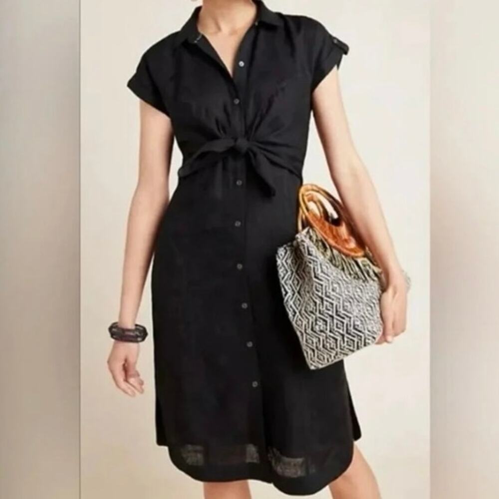 Anthropologie Kamryn Tie Front Black Shirt Dress 12
